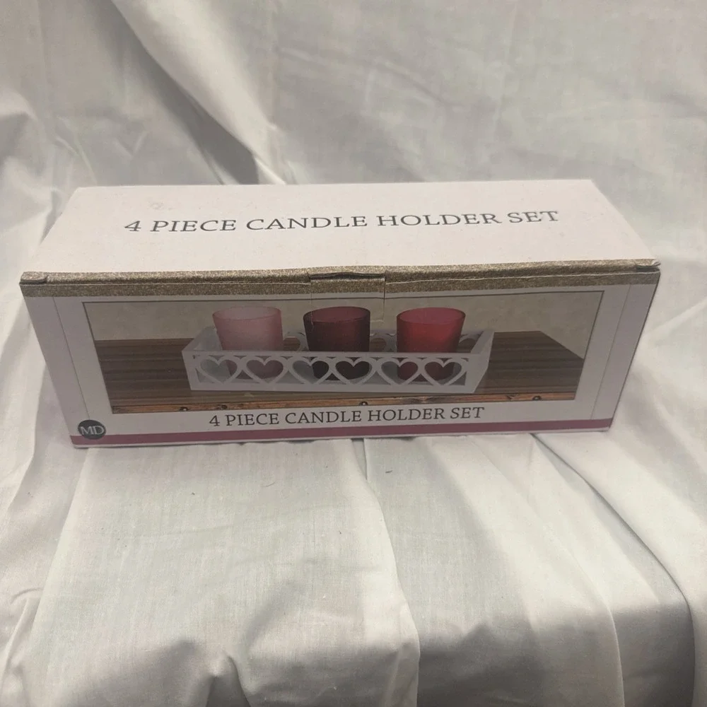 4 Piece Candle Holder Set With Wood Tray & Glass Votives Centerpiece Decor